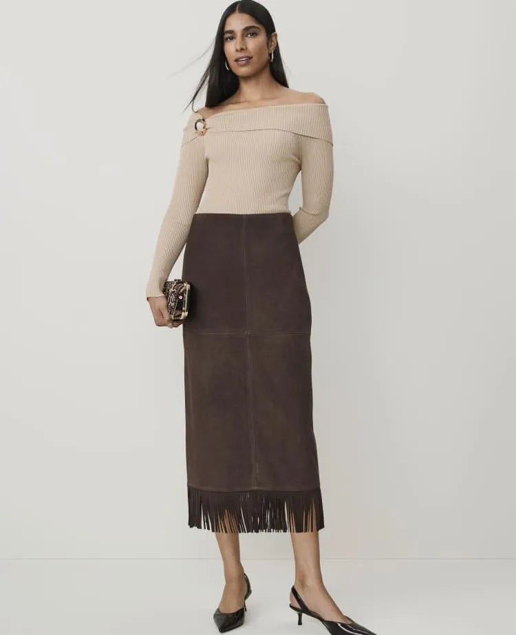Fringe Column Skirt in Genuine Suede