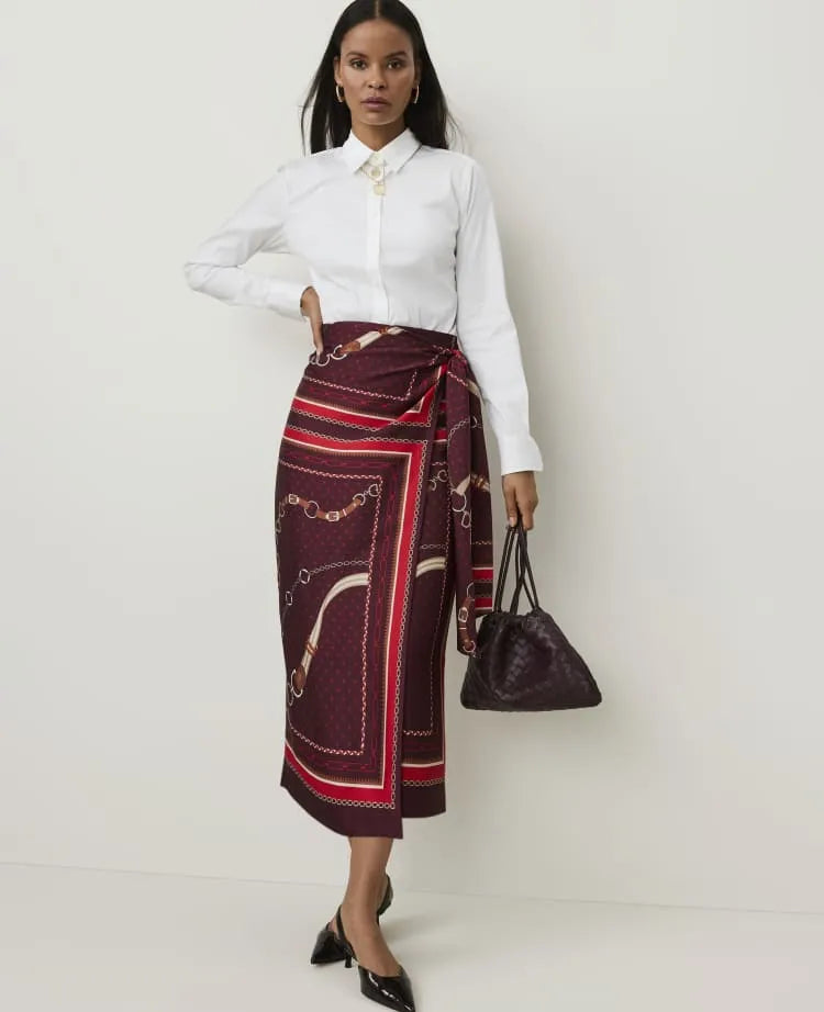 Horsebit Print Wrap Skirt in Satin
