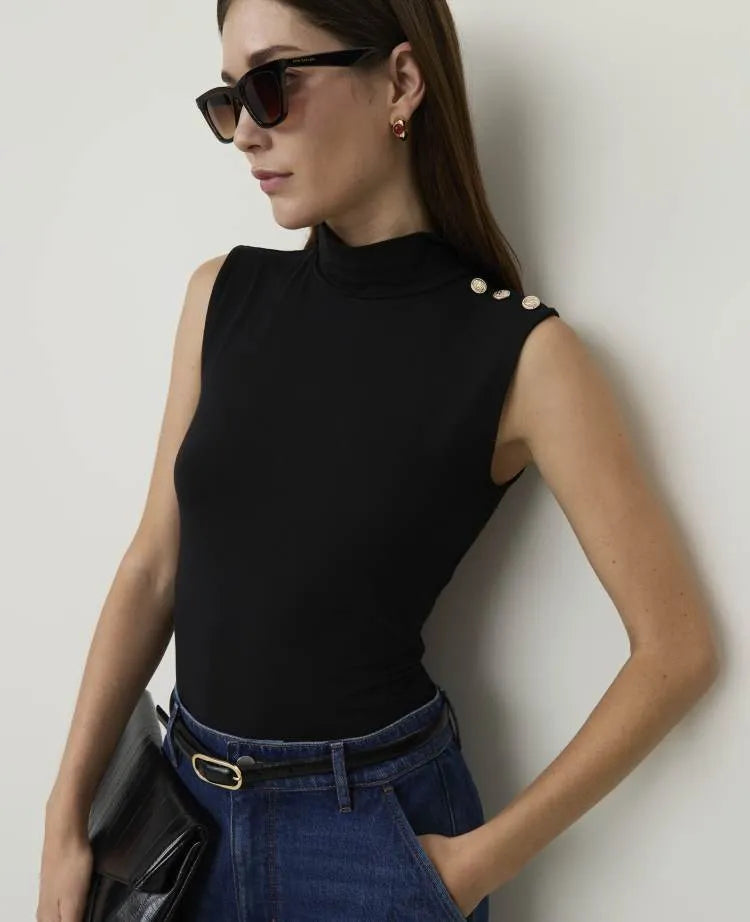 Button Sleeveless Turtleneck Top