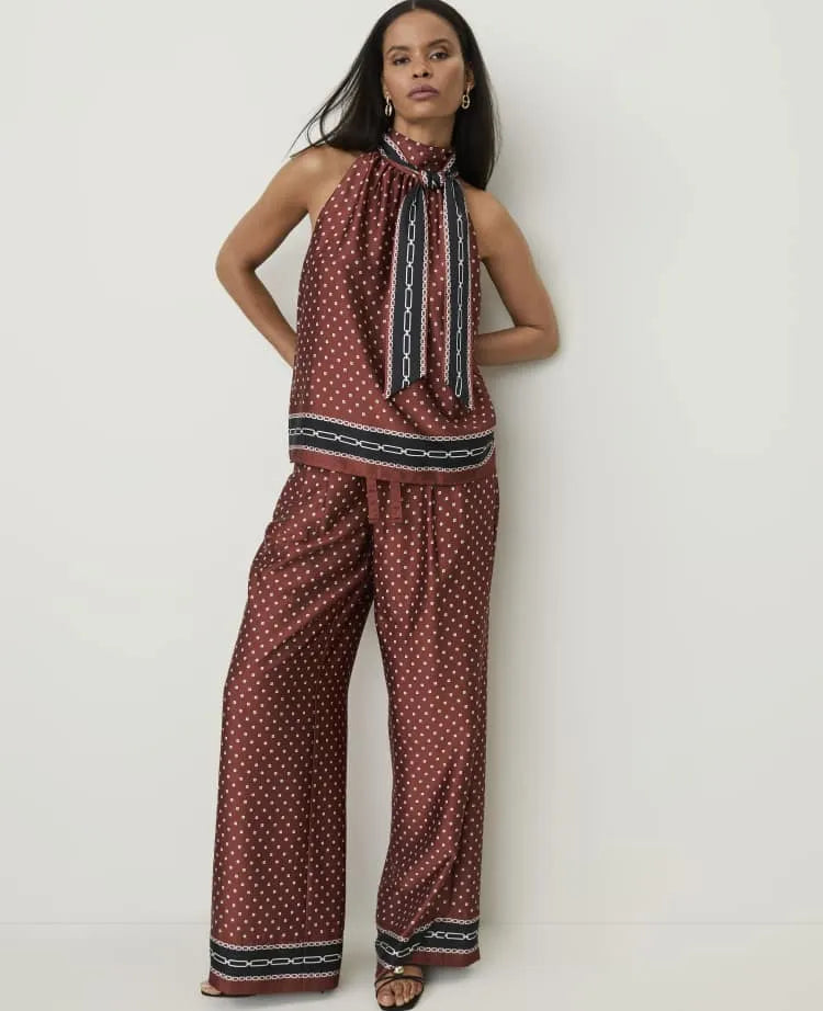 The Petite Printed Drawstring Wide-Leg Pant in Satin