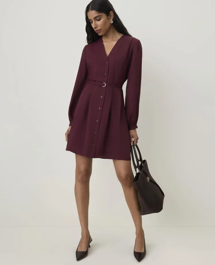 Belted V-Neck Flare Dress