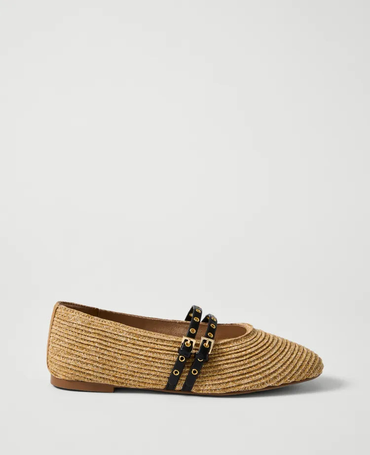 Weekend Studded Straw Mary Jane Flat