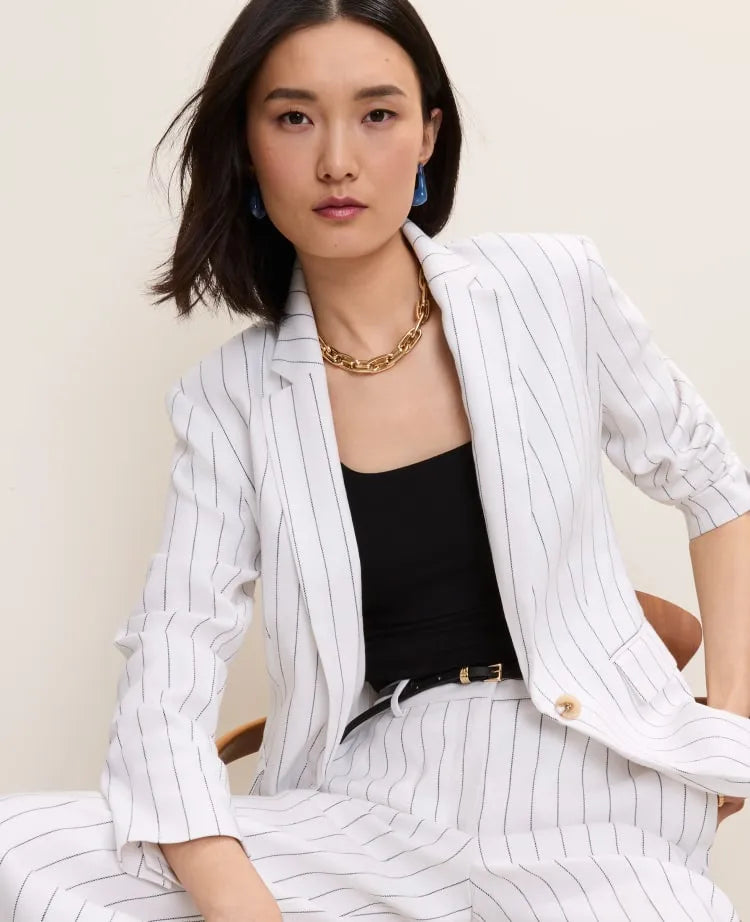 The Pinstripe Long One Button Blazer in Linen Blend