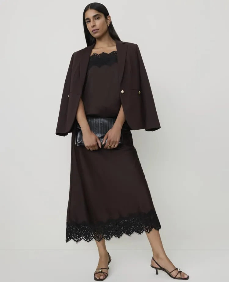 Petite Lace Trim Midi Slip Skirt in Satin