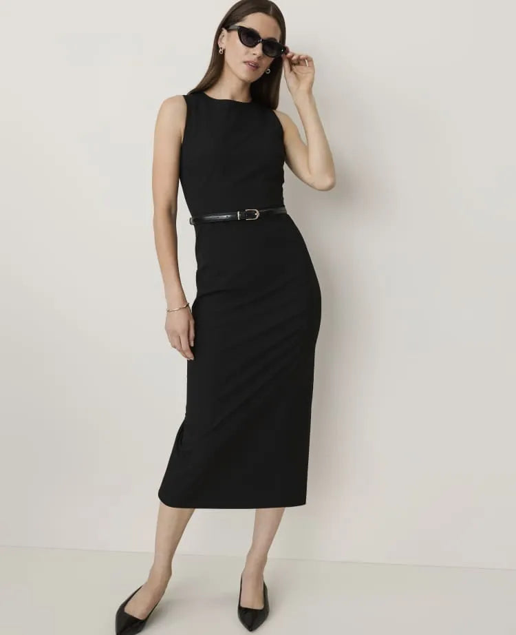 The Belted Crew Neck Sheath Dress in Seasonless Stretch