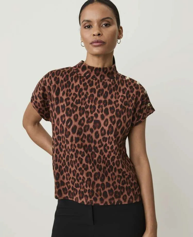 Animal Print Button Mock Neck Top