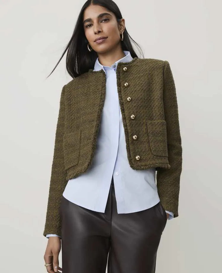 Petite Cropped Crew Neck Jacket in Tweed