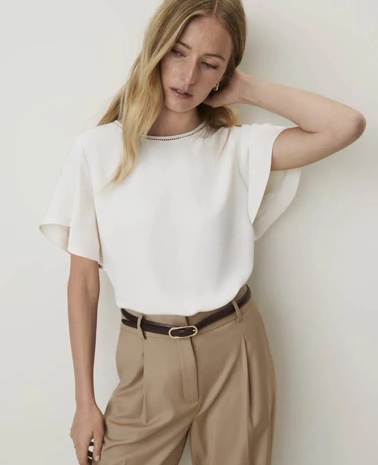 Petite Lace Trim Flutter Sleeve Top