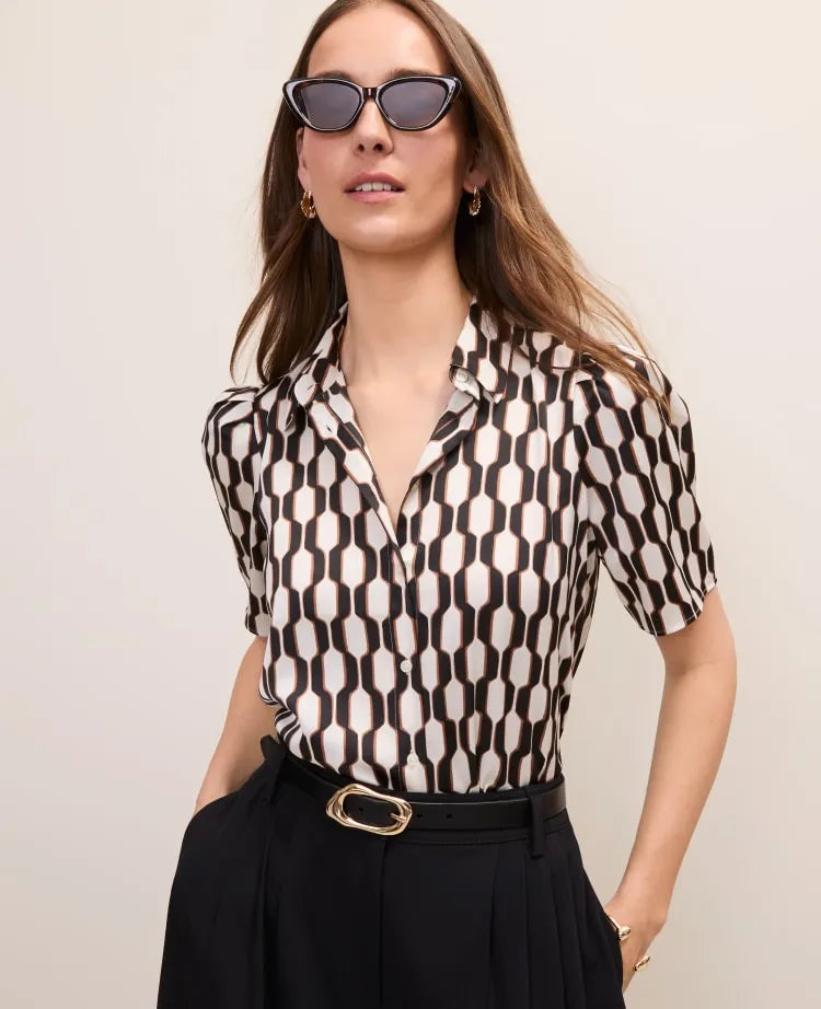 Geo Print Button Down Shirt in Satin