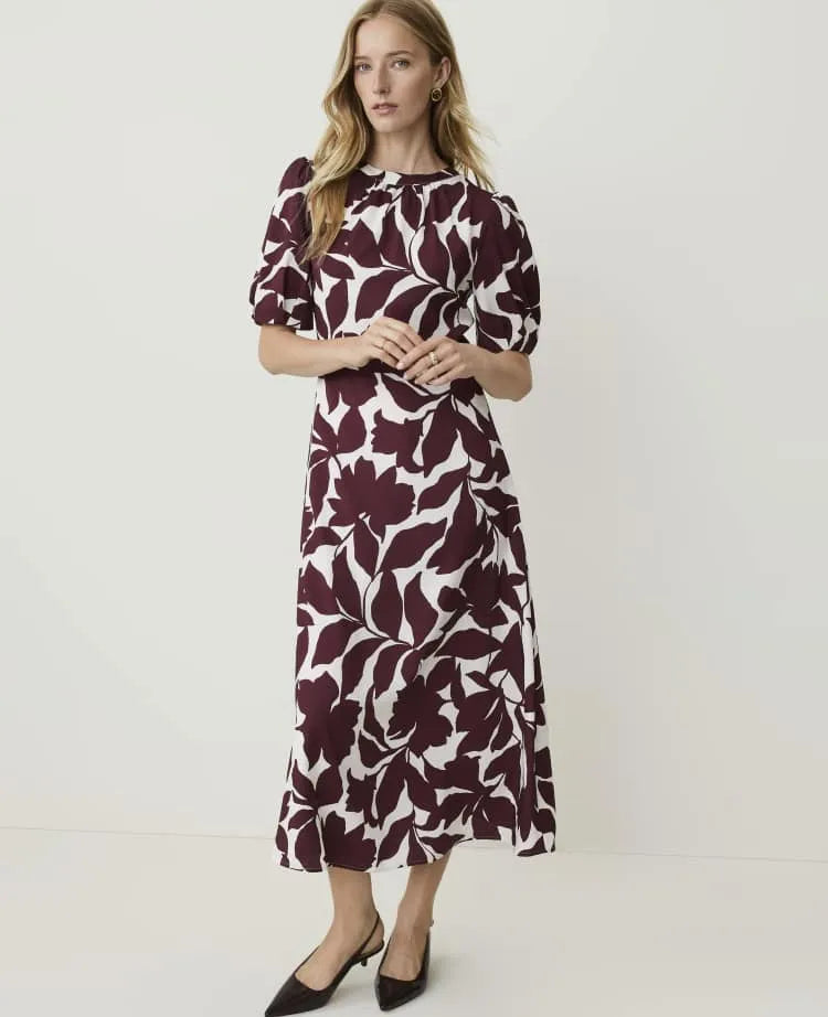 Petite Floral Puff Sleeve Midi Dress