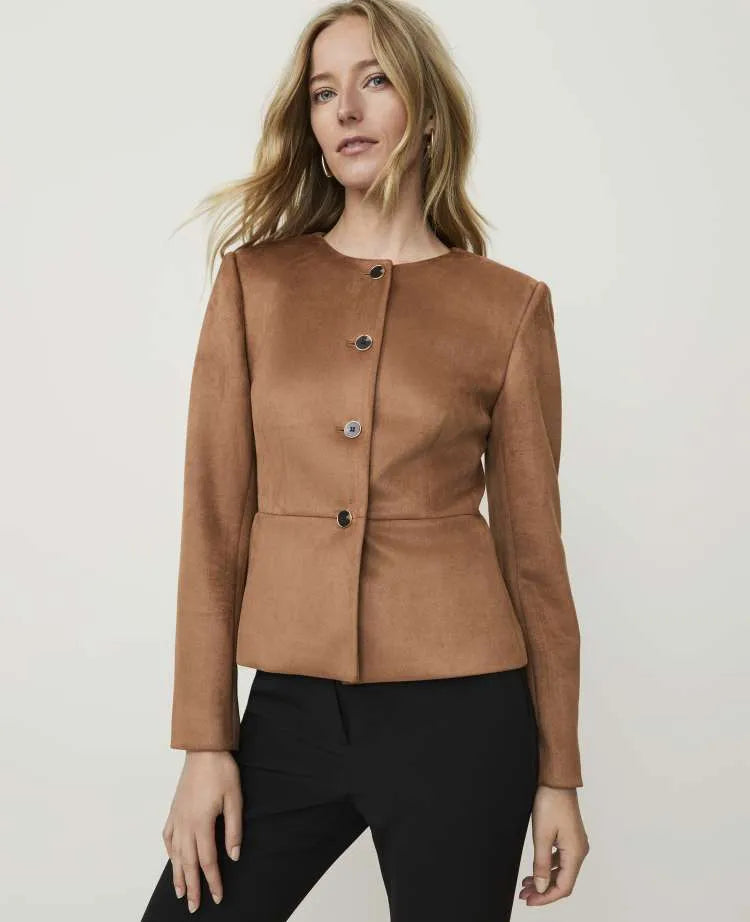 Petite Crew Neck Peplum Jacket in Faux Suede