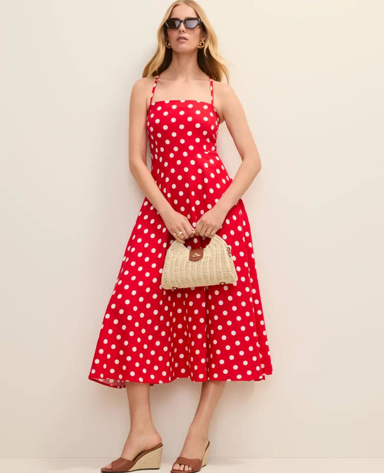 Polka Dot Midi Dress in Linen Blend