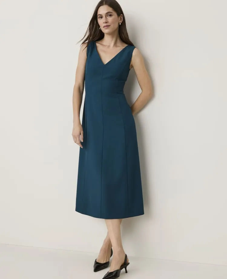 The Seamed V-Neck Flare Dress in Classic Canvas