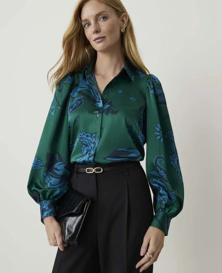 Petite Paisley Blouson Sleeve Blouse in Satin