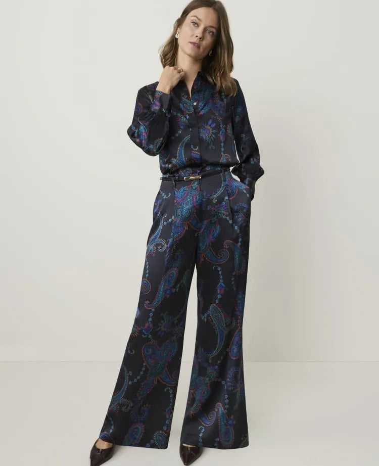Studio Collection Paisley Pleated Wide-Leg Pant in Silk