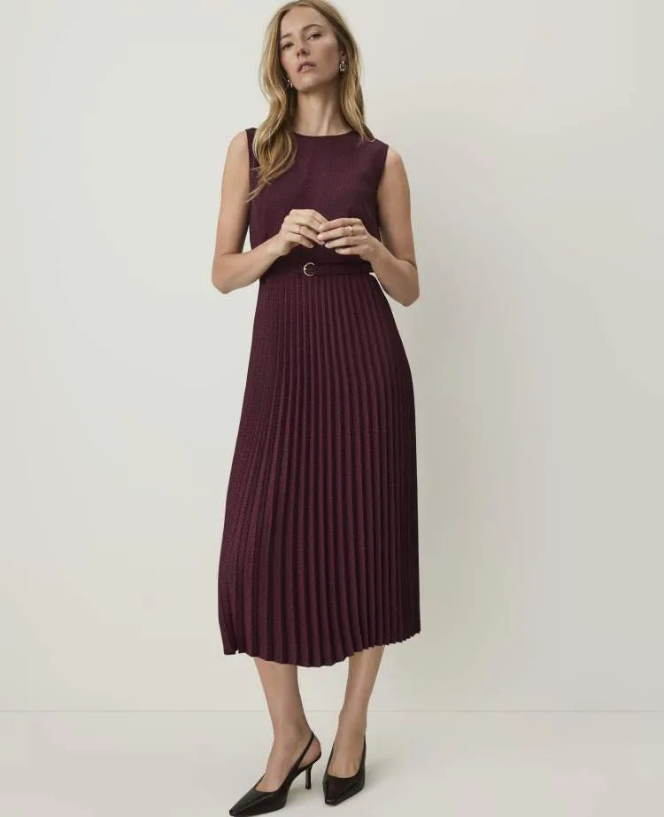 Dotted Sleeveless Pleated Midi Dress