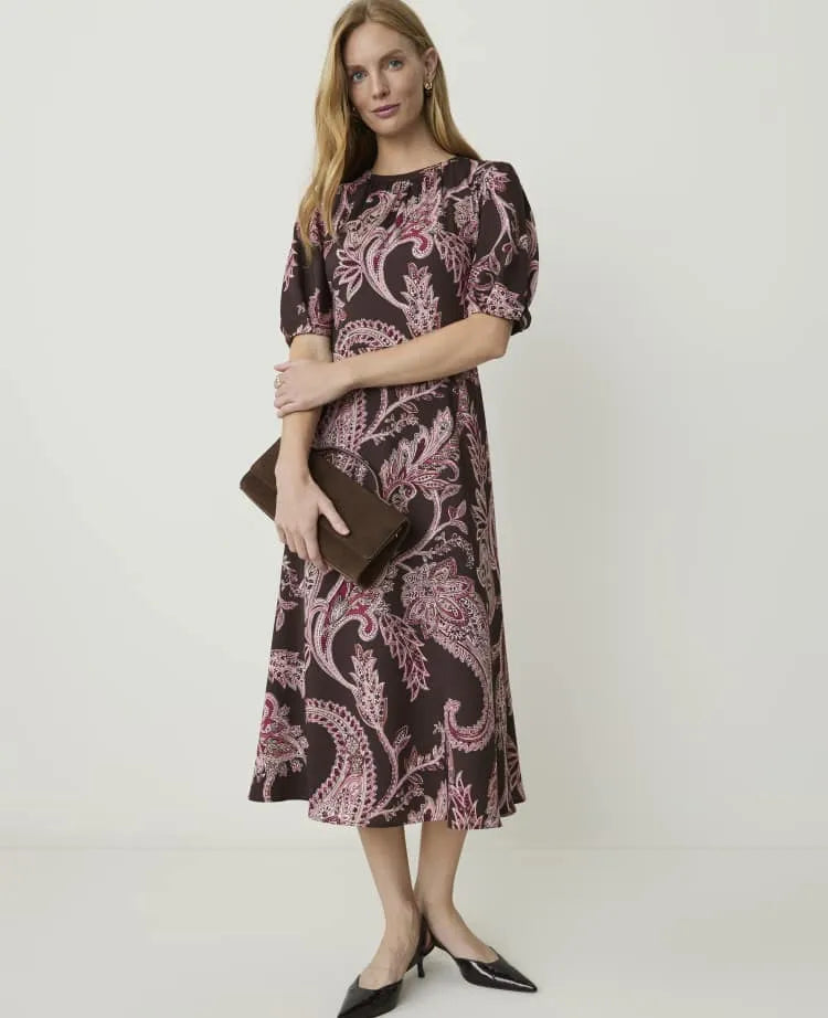 Paisley Puff Sleeve Midi Dress