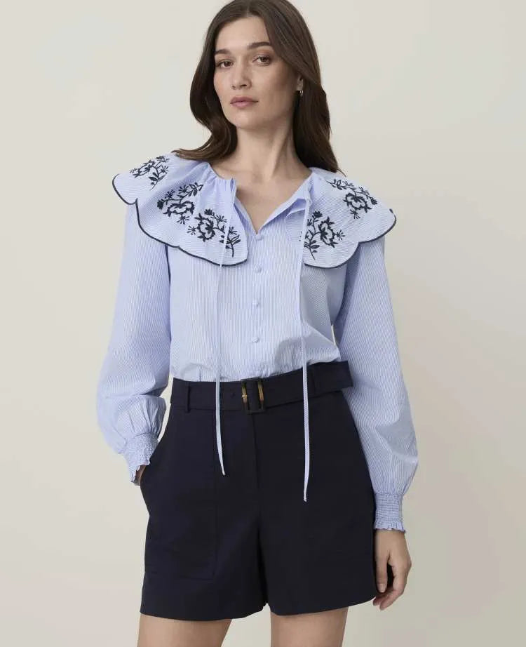 Petite Weekend Striped Tie Neck Blouse