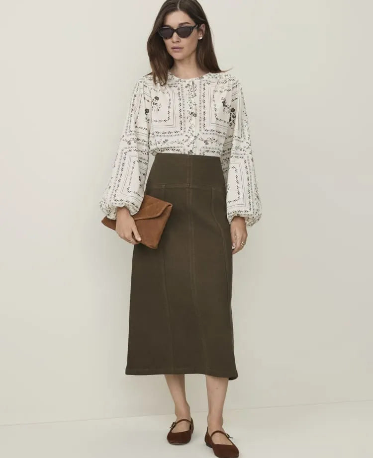 Petite Weekend Drop Waist Midi Skirt in Denim