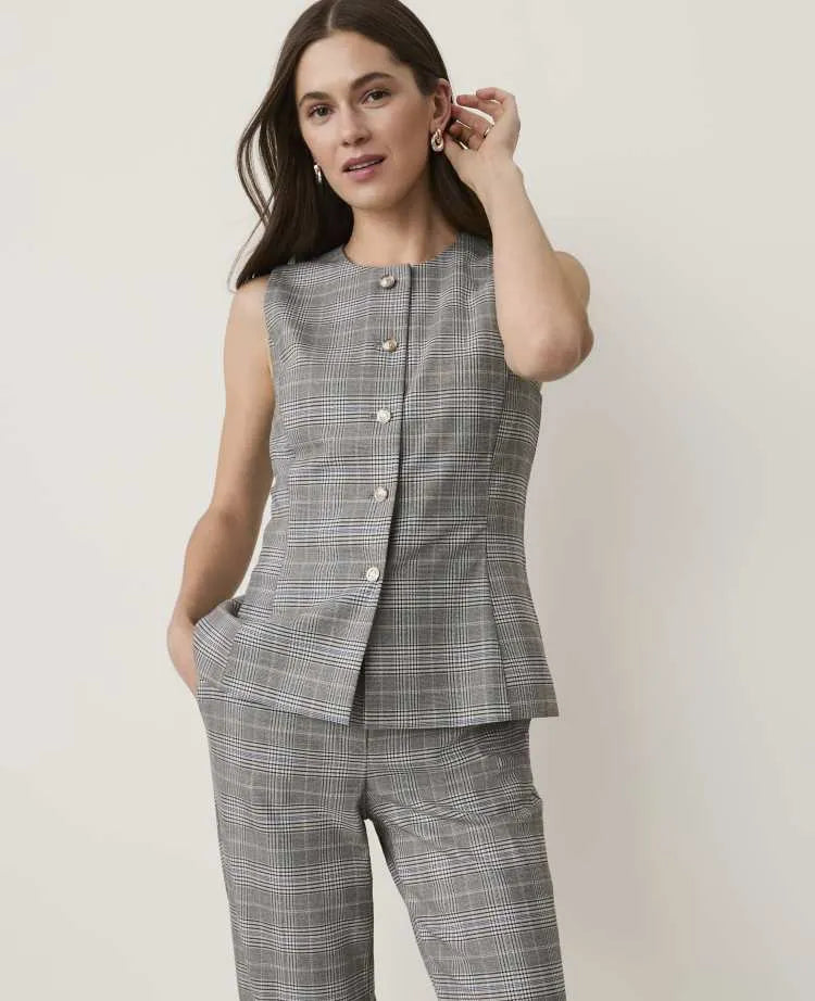 Petite Plaid Crew Neck Peplum Vest