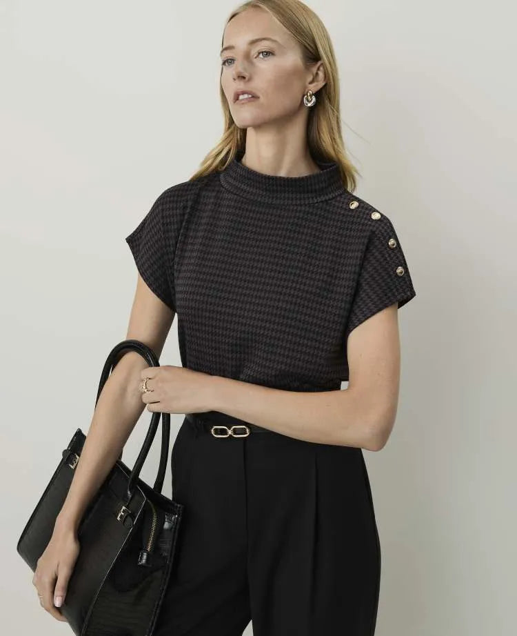 Petite Houndstooth Mock Neck Top