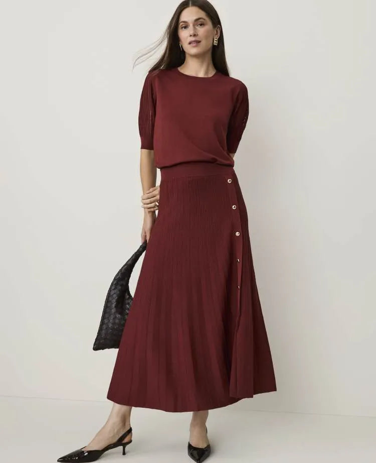 Pleated Button Midi Skirt