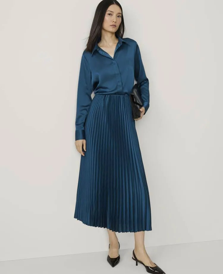 Petite Pleated Midi Skirt in Satin