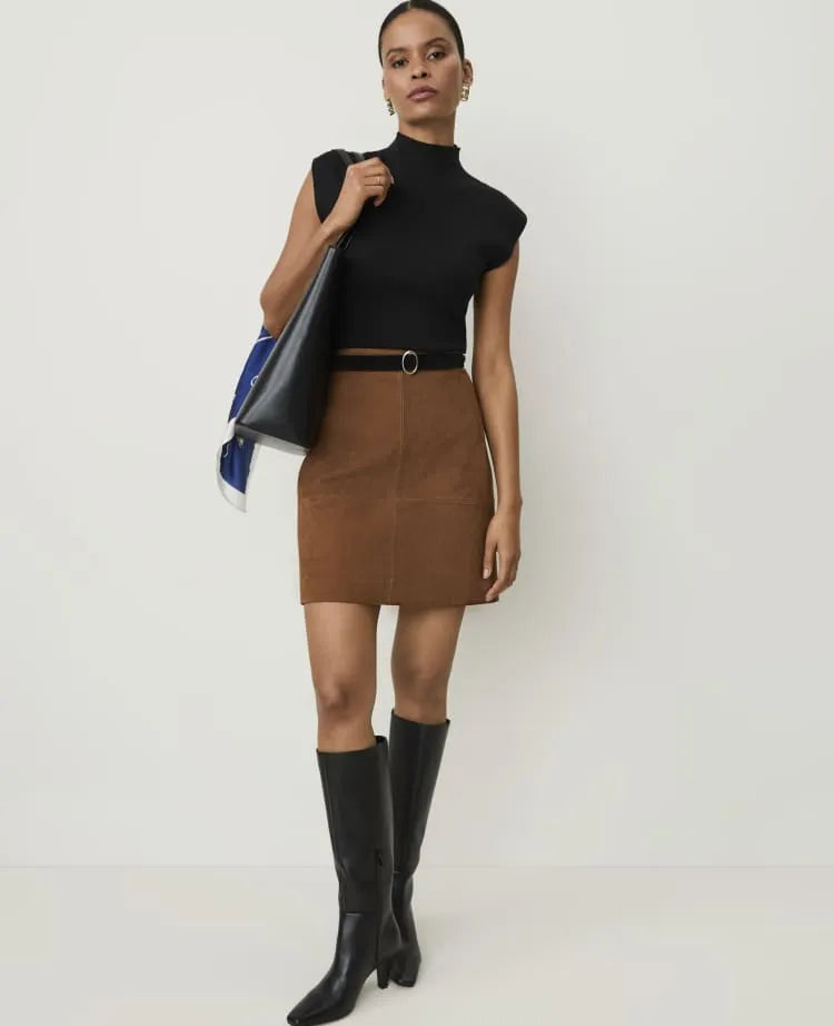 Seamed A-Line Skirt in Genuine Suede