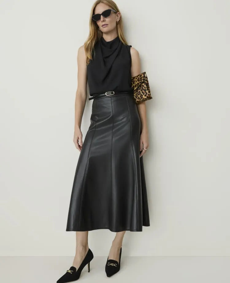 Petite Full Midi Skirt in Faux Leather
