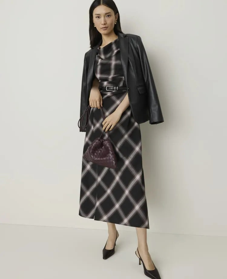 Plaid Cowl Neck Midi Dress