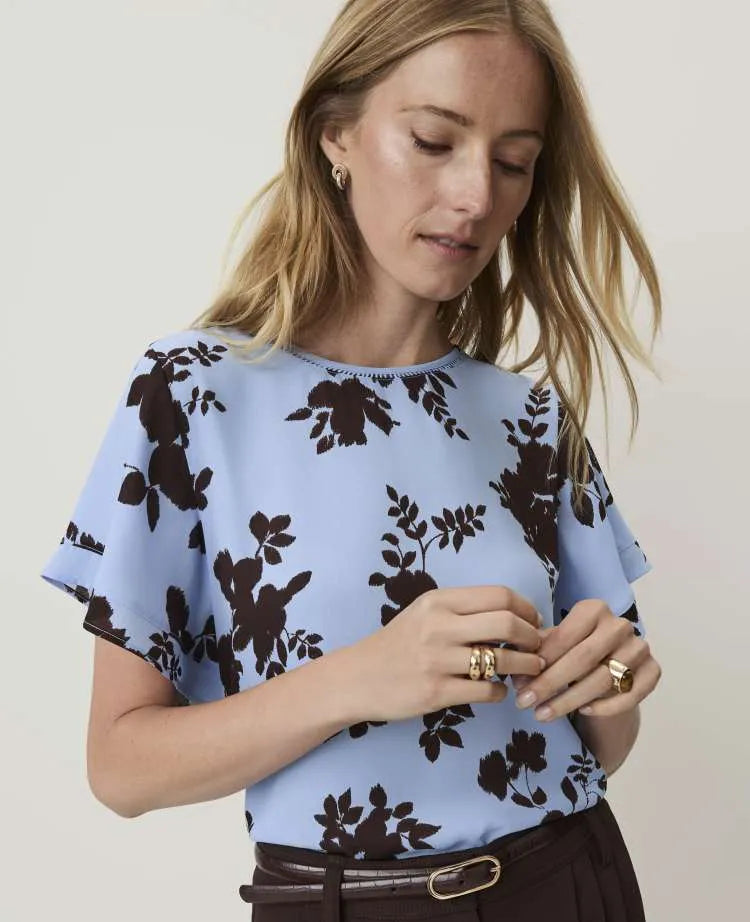 Petite Floral Mixed Media Flutter Sleeve Top