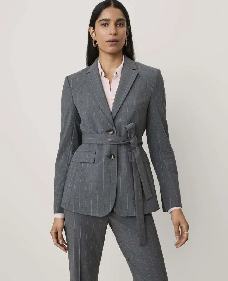 The Petite Pinstripe Belted Greenwich Blazer