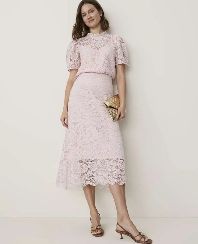 Scalloped Trim Lace Midi Skirt