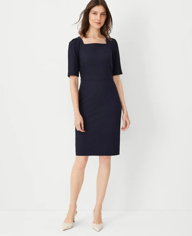 The Petite Elbow Sleeve Square Neck Dress in Seasonless Stretch — Curvy Fit