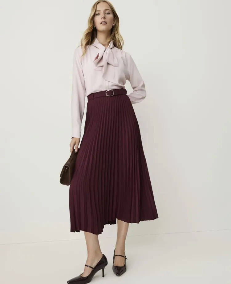 Belted Pleated Midi Skirt