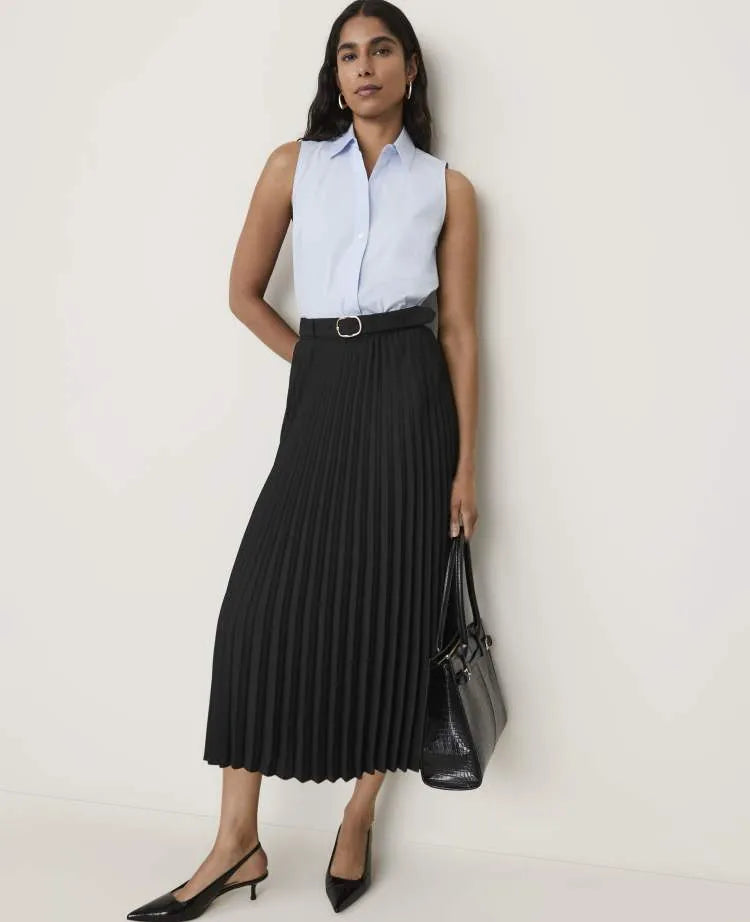 Petite Belted Pleated Midi Skirt