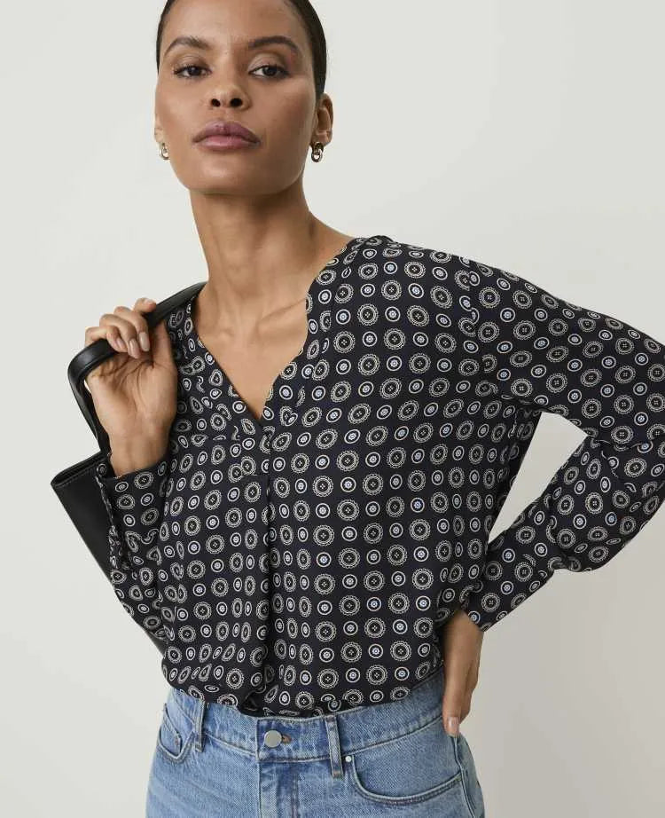 Geo Print Mixed Media Pleat Front Top