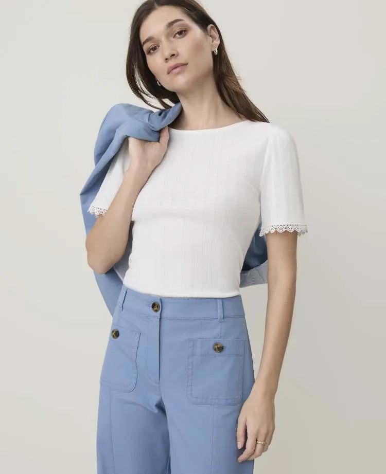 Petite Weekend Lace Trim Pointelle Tee